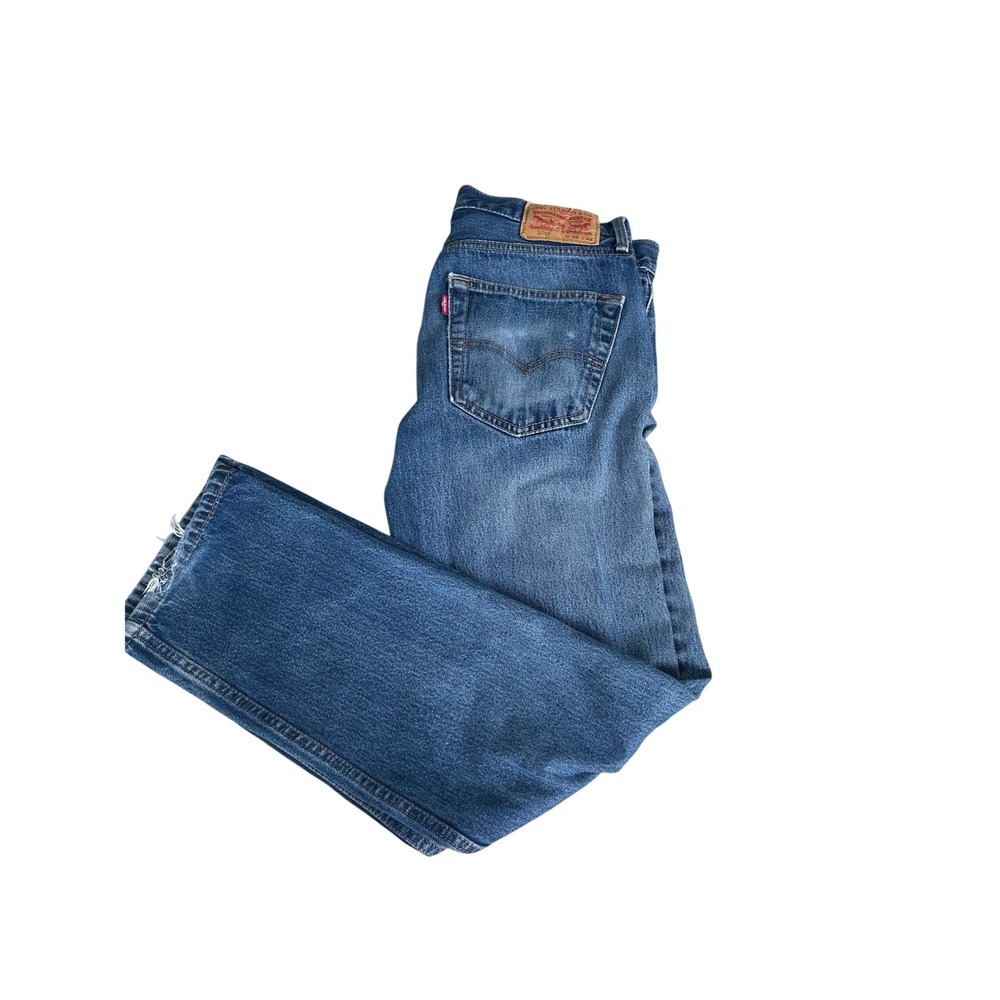 Levis 505 Mens 32x32 Regular Fit Straight Leg Medium Wash Blue Distressed Jeans